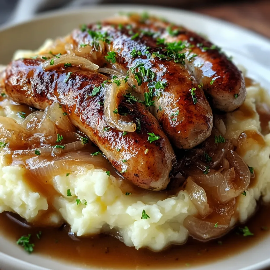 Bangers and Mash avec Sauce à la Bière et Oignons servi dans une assiette