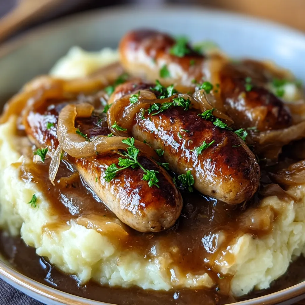 Bangers and Mash avec Sauce à la Bière et Oignons servi dans une assiette