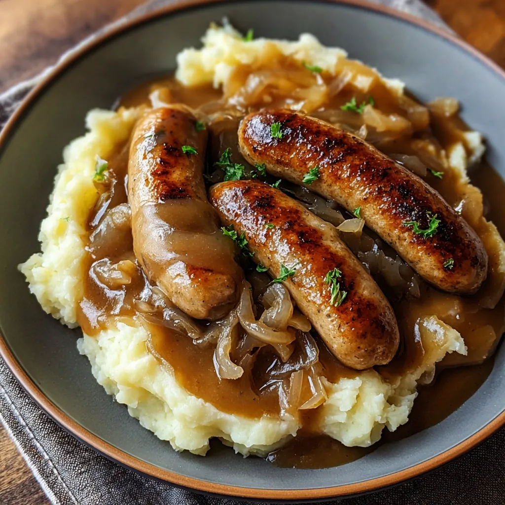 Bangers and Mash avec Sauce à la Bière et Oignons servi dans une assiette