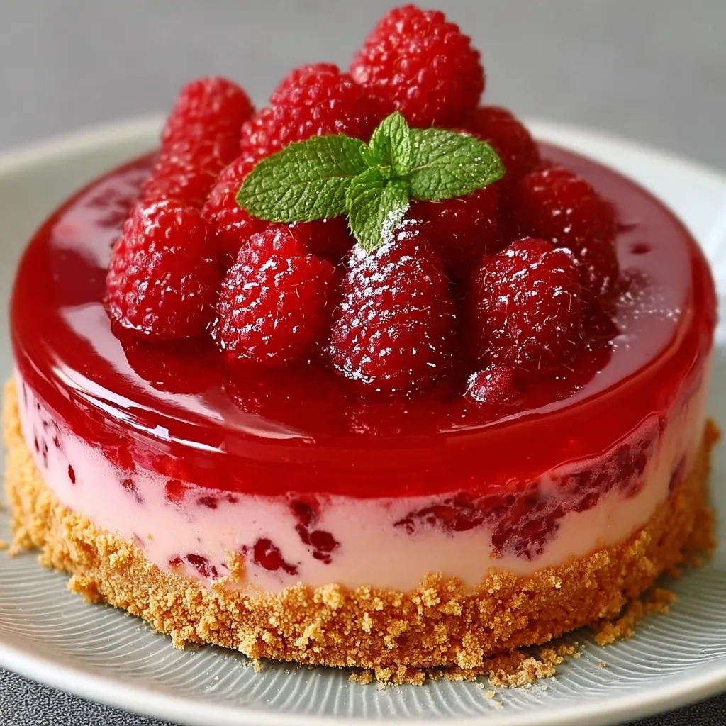 Bavarois à la framboise élégant sur une base biscuitée croquante, décoré de framboises fraîches et de feuilles de menthe