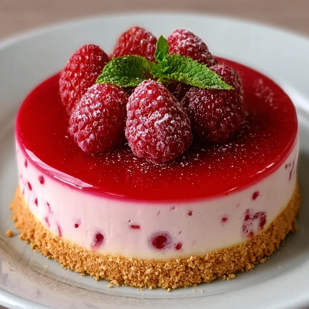 Bavarois à la framboise élégant sur une base biscuitée croquante, décoré de framboises fraîches et de feuilles de menthe