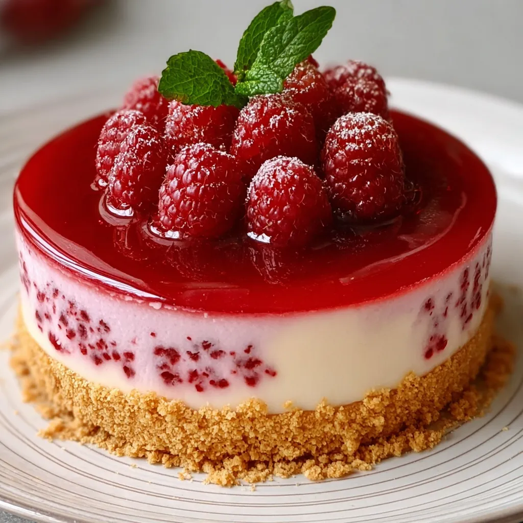 Bavarois à la framboise élégant sur une base biscuitée croquante, décoré de framboises fraîches et de feuilles de menthe