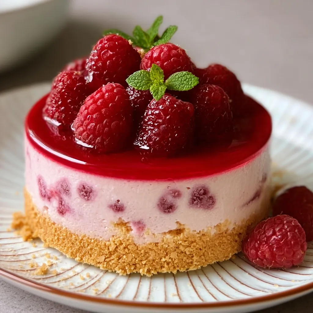 Bavarois à la framboise élégant sur une base biscuitée croquante, décoré de framboises fraîches et de feuilles de menthe