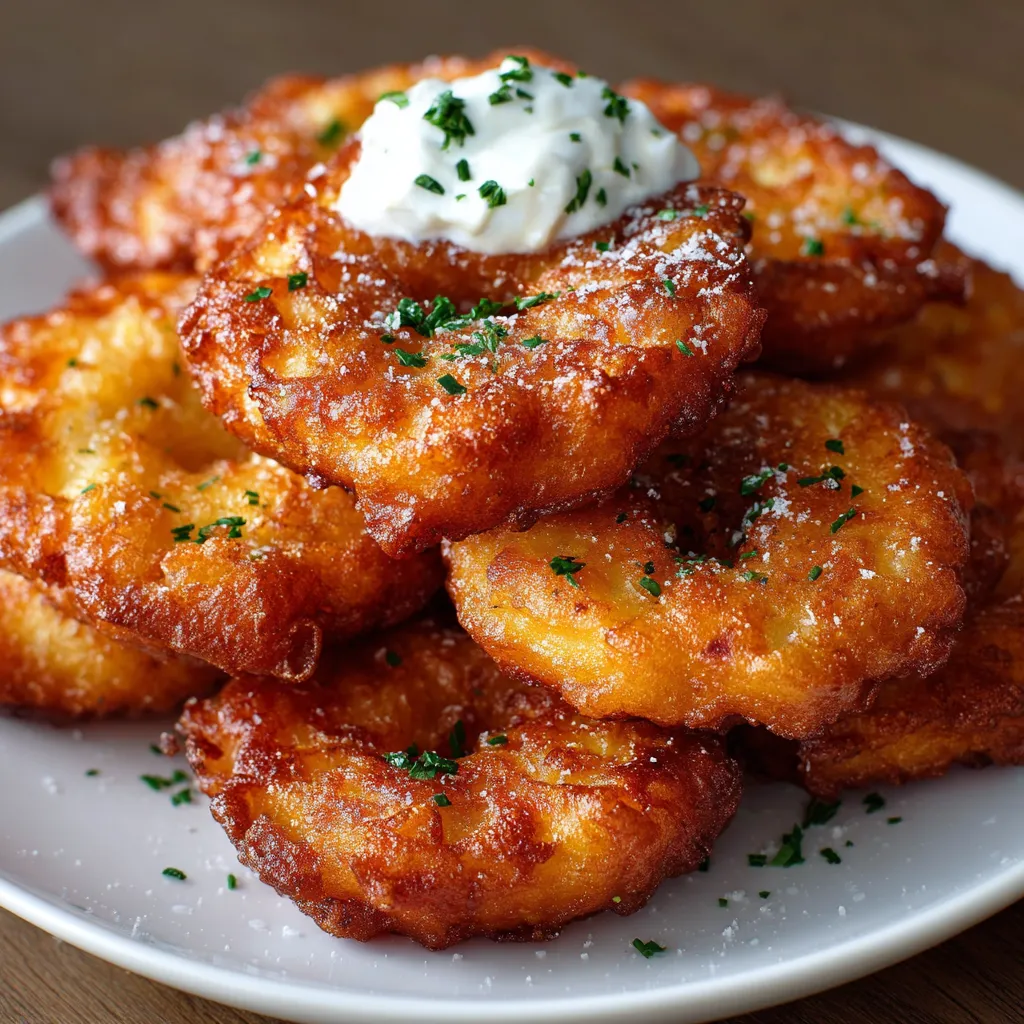 Beignets de pommes de terre dorés et croustillants servis sur une assiette avec une sauce au yaourt