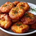 Beignets de pommes de terre dorés et croustillants servis sur une assiette avec une sauce au yaourt