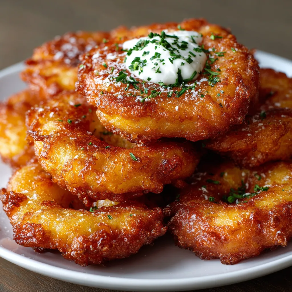 Beignets de pommes de terre dorés et croustillants servis sur une assiette avec une sauce au yaourt