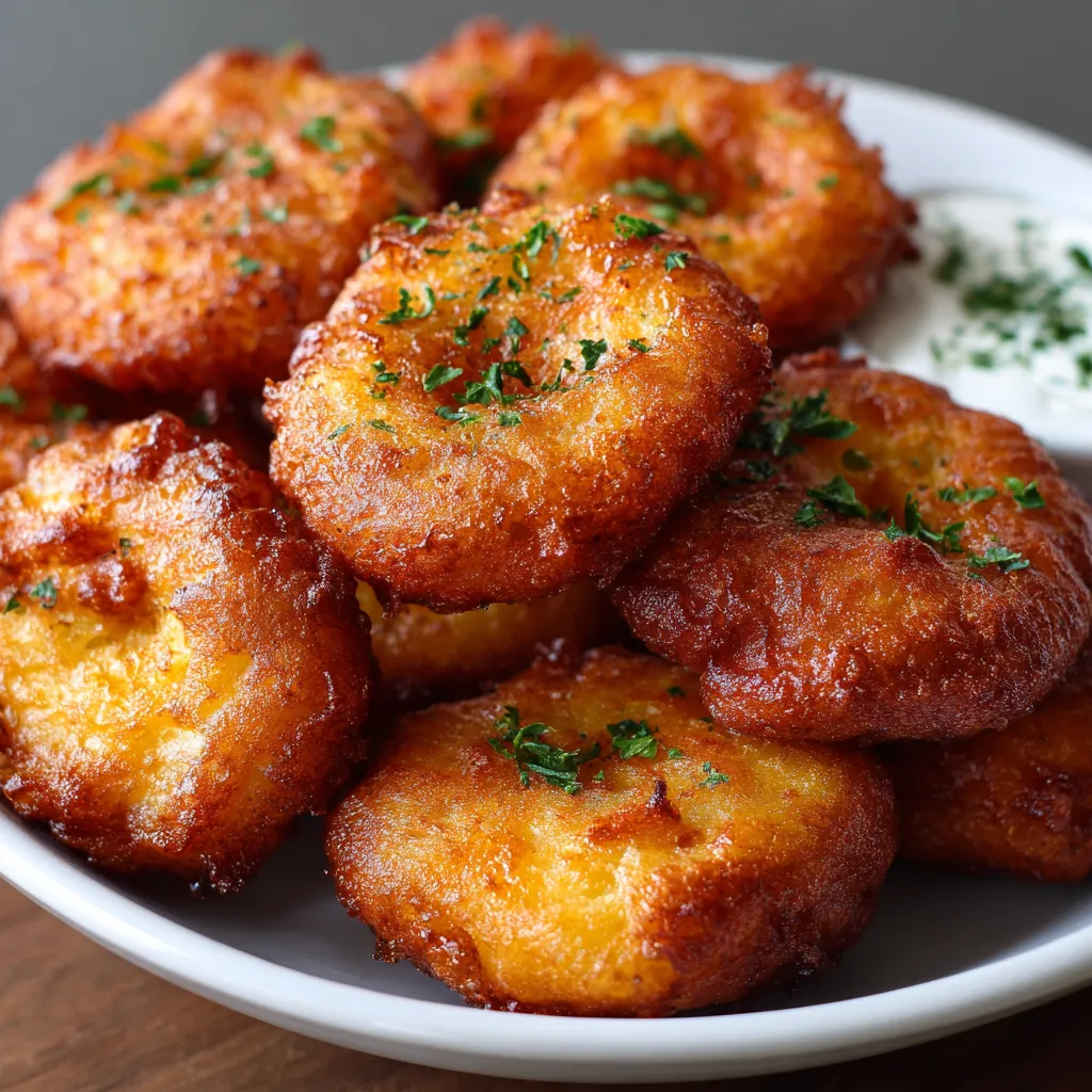 Beignets de pommes de terre dorés et croustillants servis sur une assiette avec une sauce au yaourt