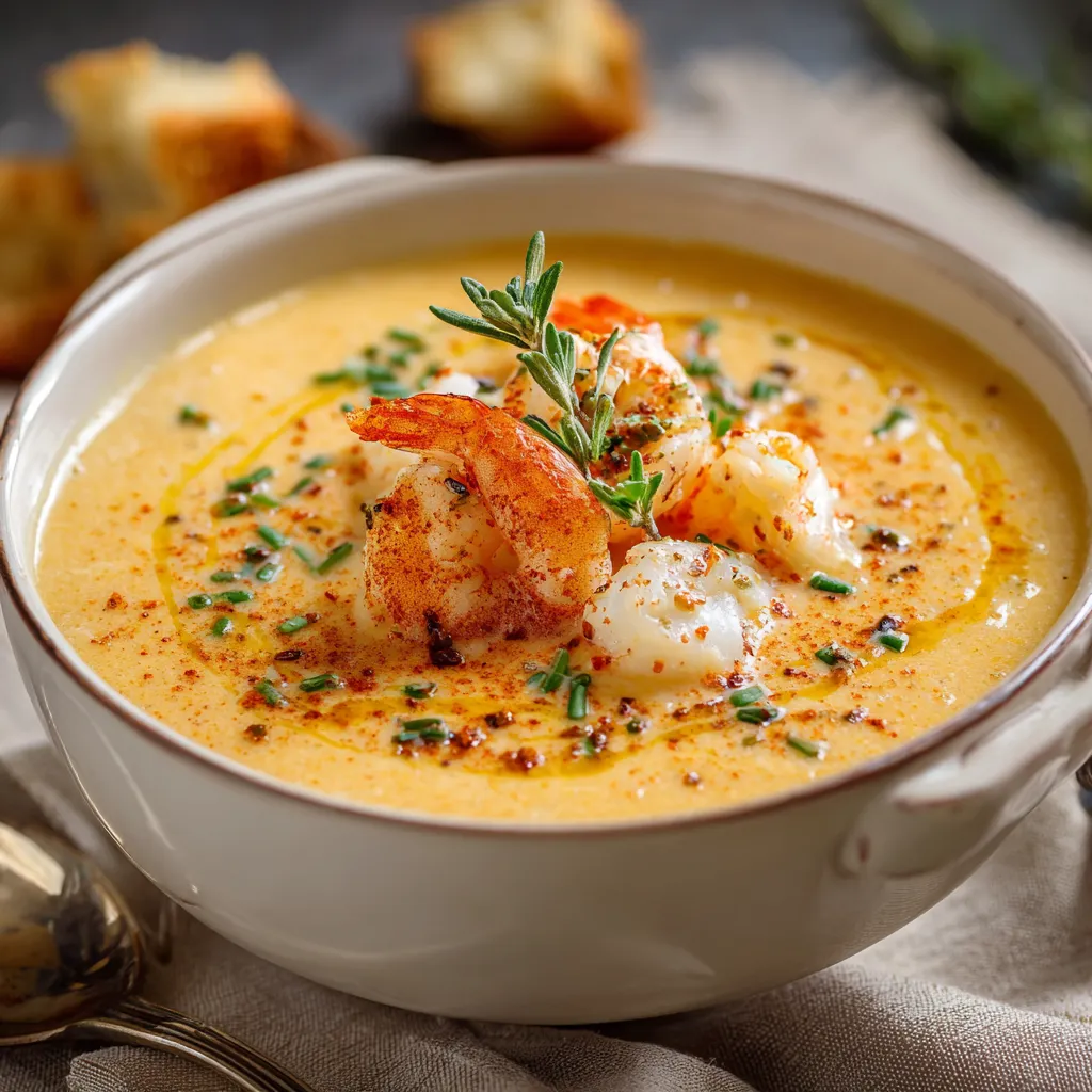 Bisque crémeuse au crabe et aux crevettes servie chaude avec persil frais et croûtons dorés