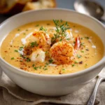 Bisque crémeuse au crabe et aux crevettes servie chaude avec persil frais et croûtons dorés