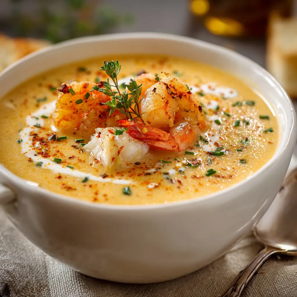 Bisque crémeuse au crabe et aux crevettes servie chaude avec persil frais et croûtons dorés