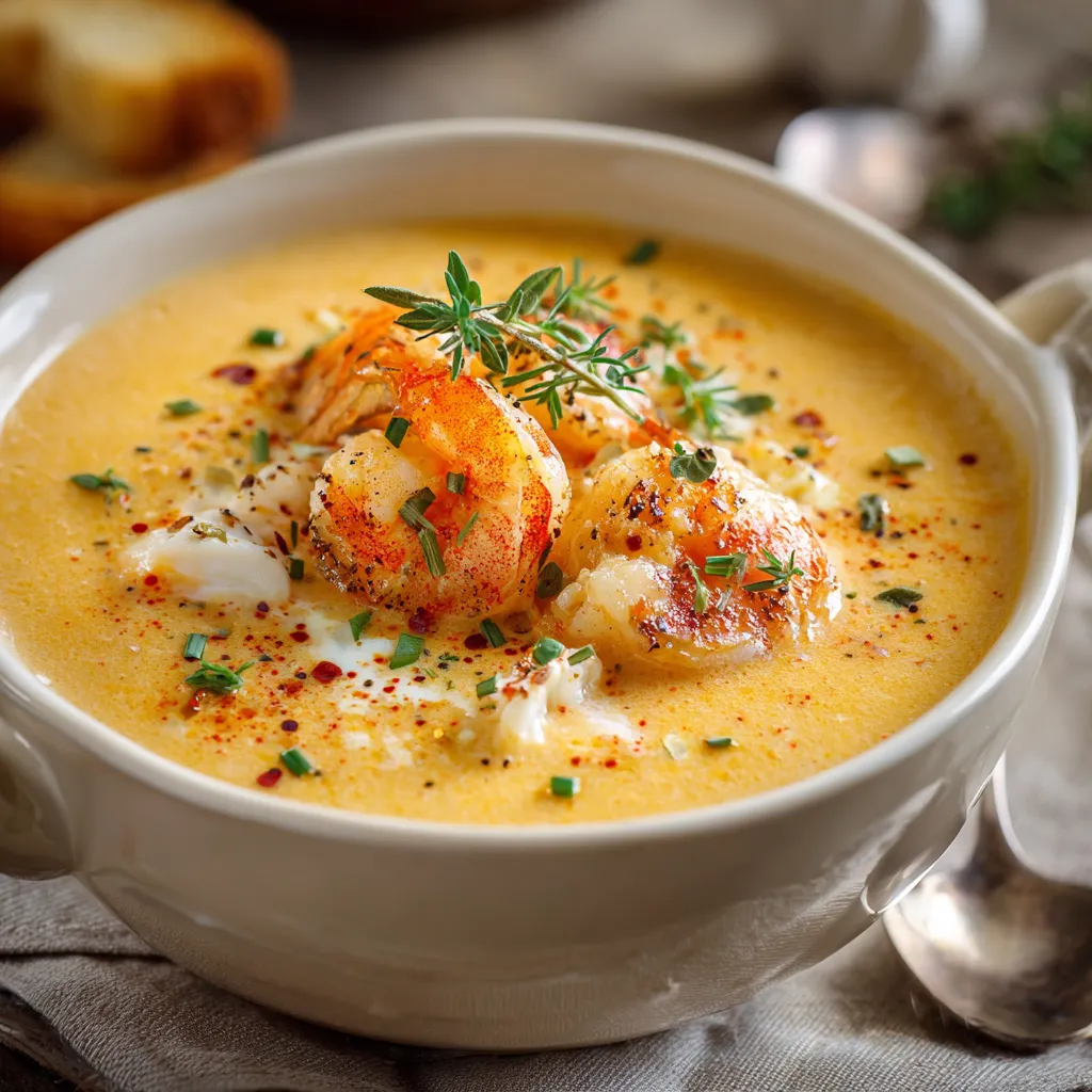 Bisque crémeuse au crabe et aux crevettes servie chaude avec persil frais et croûtons dorés
