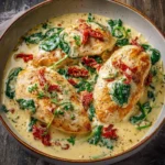 Blancs de poulet à la toscane nappés de sauce crémeuse au parmesan, épinards et tomates séchées