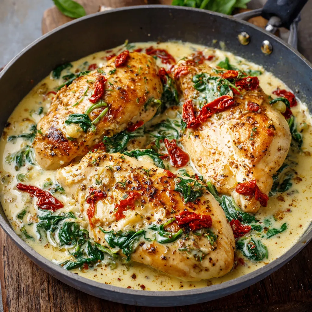 Blancs de poulet à la toscane nappés de sauce crémeuse au parmesan, épinards et tomates séchées