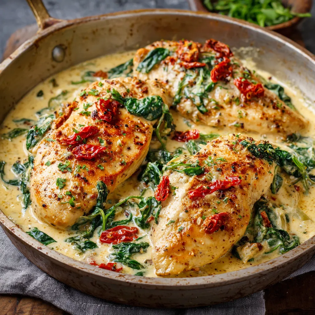 Blancs de poulet à la toscane nappés de sauce crémeuse au parmesan, épinards et tomates séchées