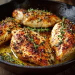 Blancs de poulet au four dorés, servis dans un plat avec herbes aromatiques