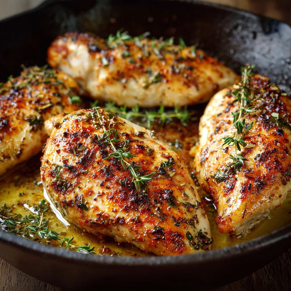 Blancs de poulet au four dorés, servis dans un plat avec herbes aromatiques