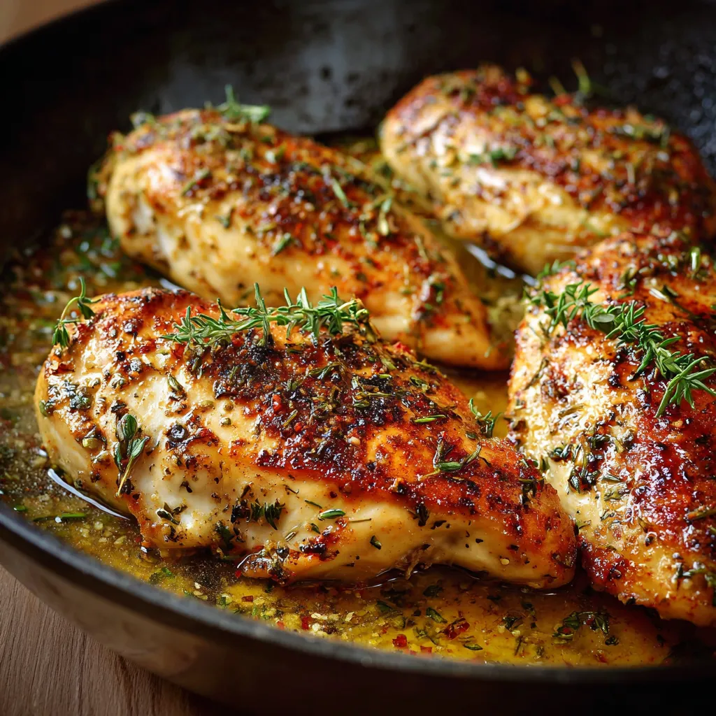 Blancs de poulet au four dorés, servis dans un plat avec herbes aromatiques