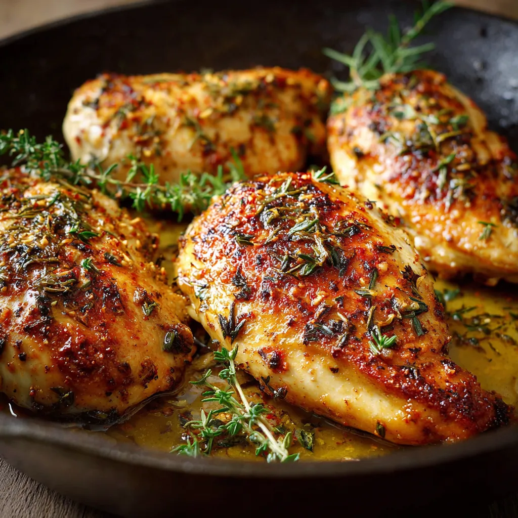 Blancs de poulet au four dorés, servis dans un plat avec herbes aromatiques