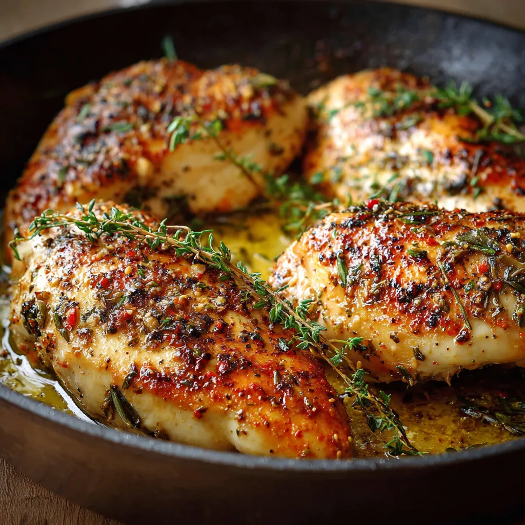 Blancs de poulet au four dorés, servis dans un plat avec herbes aromatiques