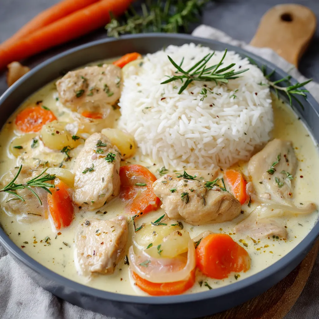 Blanquette de poulet maison servie avec du riz basmati dans une assiette blanche
