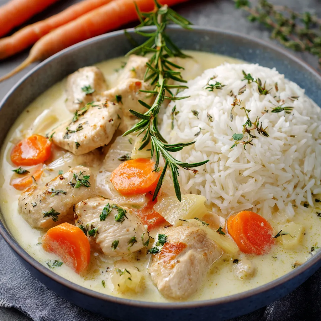 Blanquette de poulet maison servie avec du riz basmati dans une assiette blanche