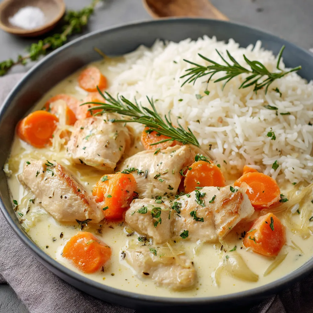 Blanquette de poulet maison servie avec du riz basmati dans une assiette blanche