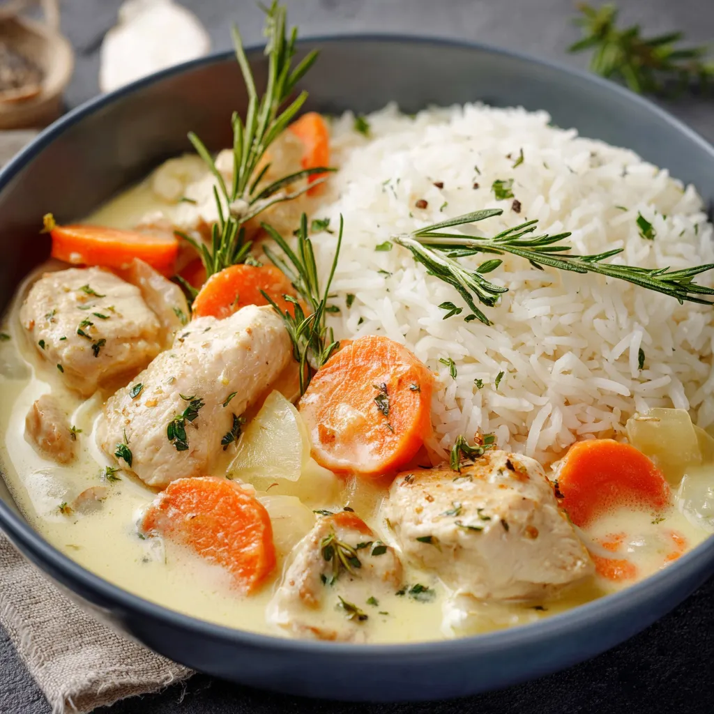 Blanquette de poulet maison servie avec du riz basmati dans une assiette blanche