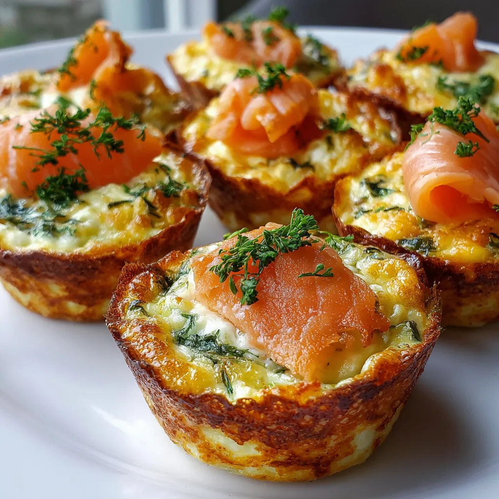 Bouchées de Quiche Sans Pâte au Saumon Fumé recién horneadas en molde de muffins doradas y esponjosas
