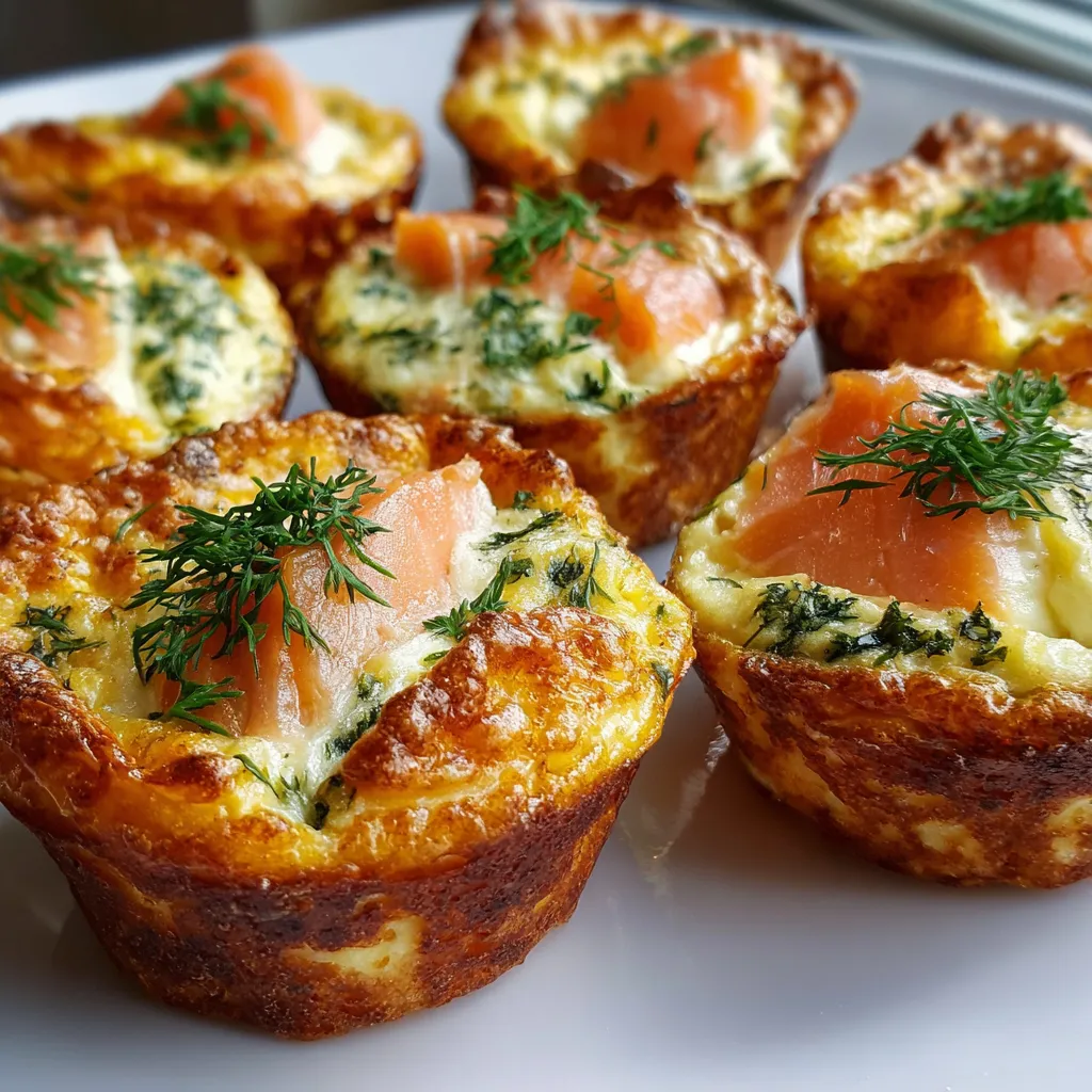 Bouchées de Quiche Sans Pâte au Saumon Fumé recién horneadas en molde de muffins doradas y esponjosas
