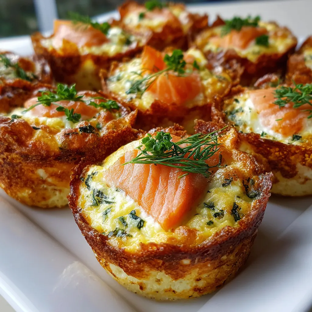 Bouchées de Quiche Sans Pâte au Saumon Fumé recién horneadas en molde de muffins doradas y esponjosas