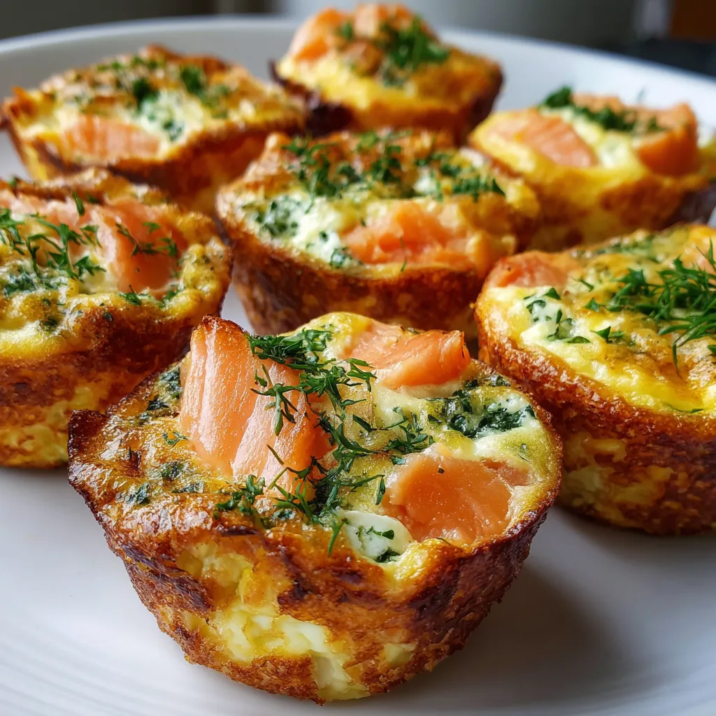 Bouchées de Quiche Sans Pâte au Saumon Fumé recién horneadas en molde de muffins doradas y esponjosas