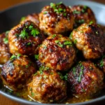 Boulettes dorées au beurre fondu à l’ail dans une poêle en fonte, prêtes à être servies.