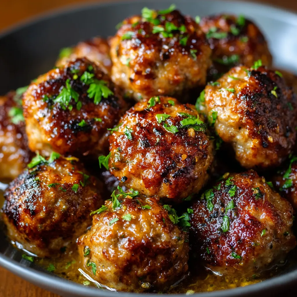 Boulettes dorées au beurre fondu à l’ail dans une poêle en fonte, prêtes à être servies.
