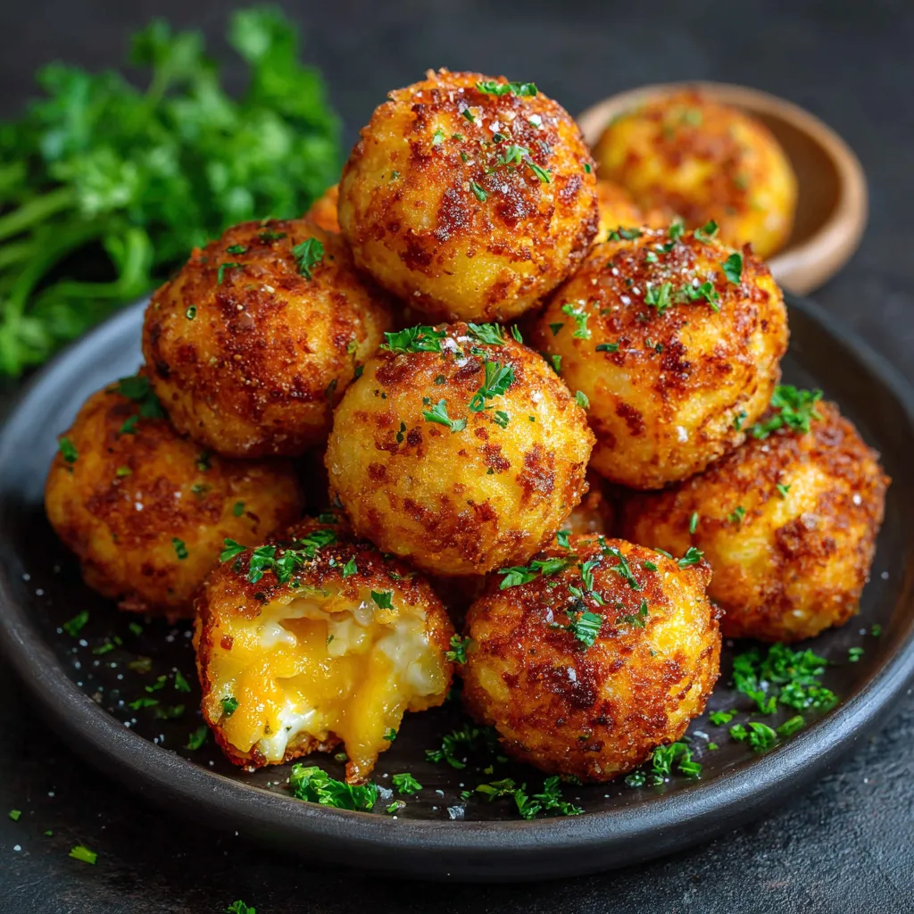 Boulettes de pommes de terre au fromage dorées servies dans une assiette