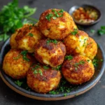 Boulettes de pommes de terre au fromage dorées servies dans une assiette
