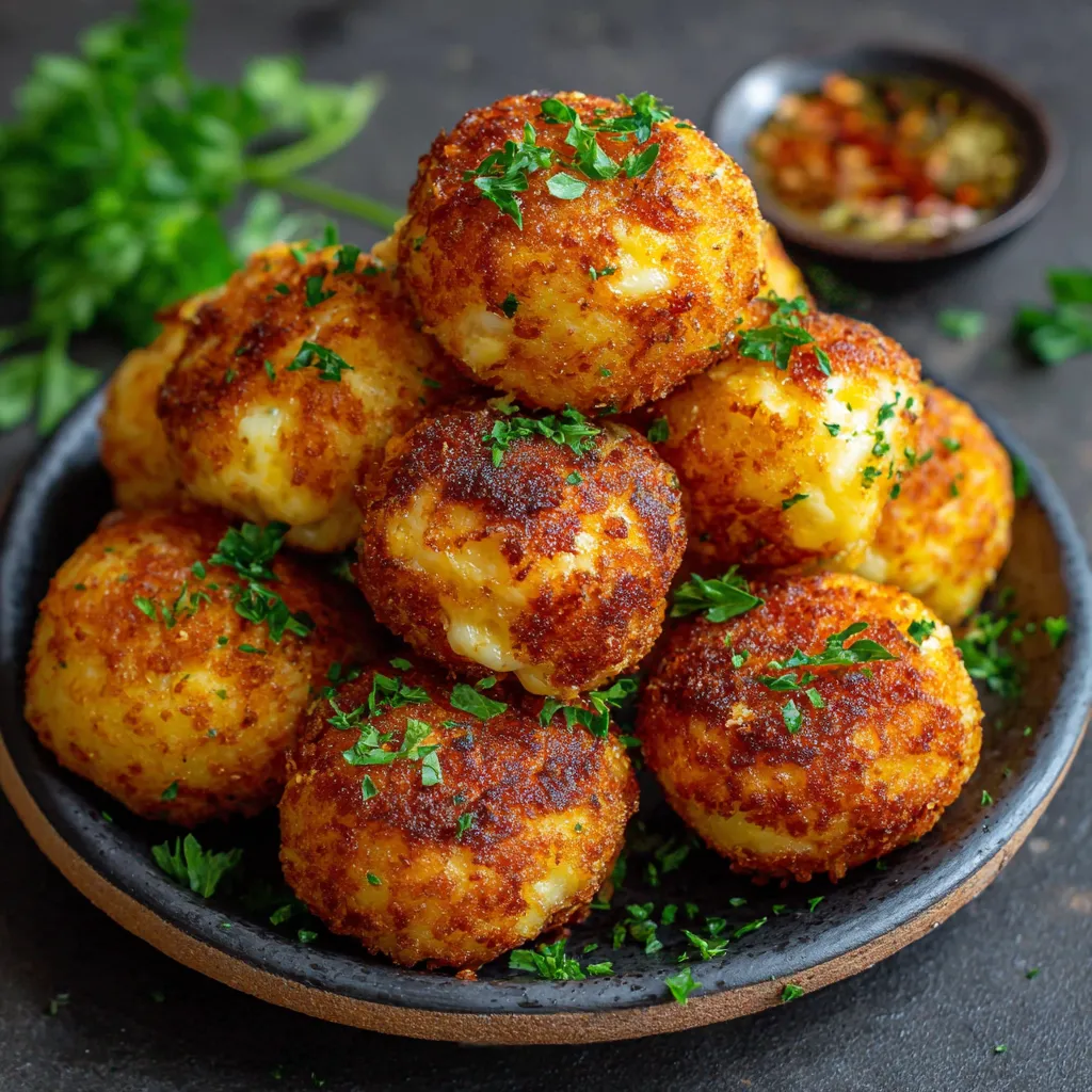 Boulettes de pommes de terre au fromage dorées servies dans une assiette