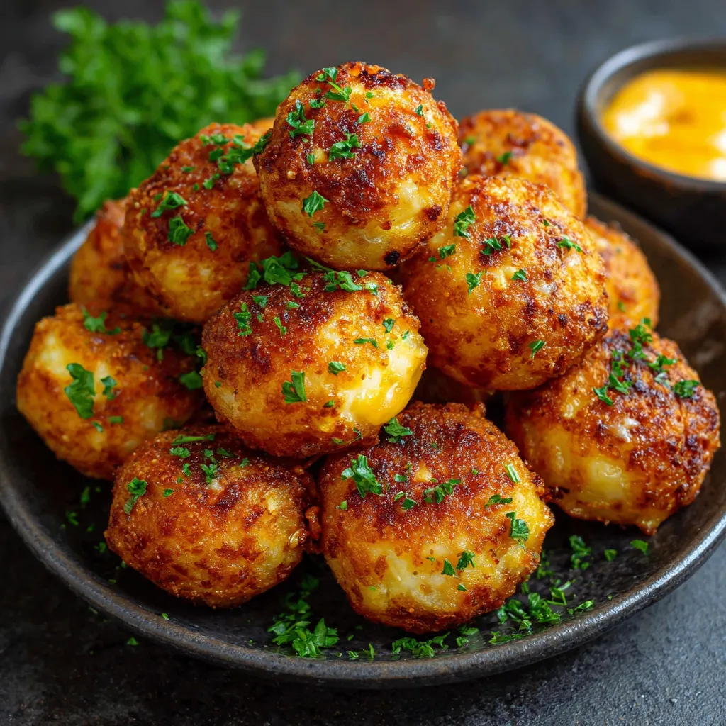 Boulettes de pommes de terre au fromage dorées servies dans une assiette