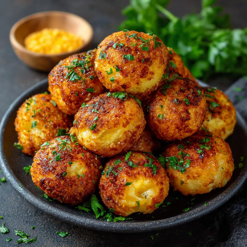 Boulettes de pommes de terre au fromage dorées servies dans une assiette