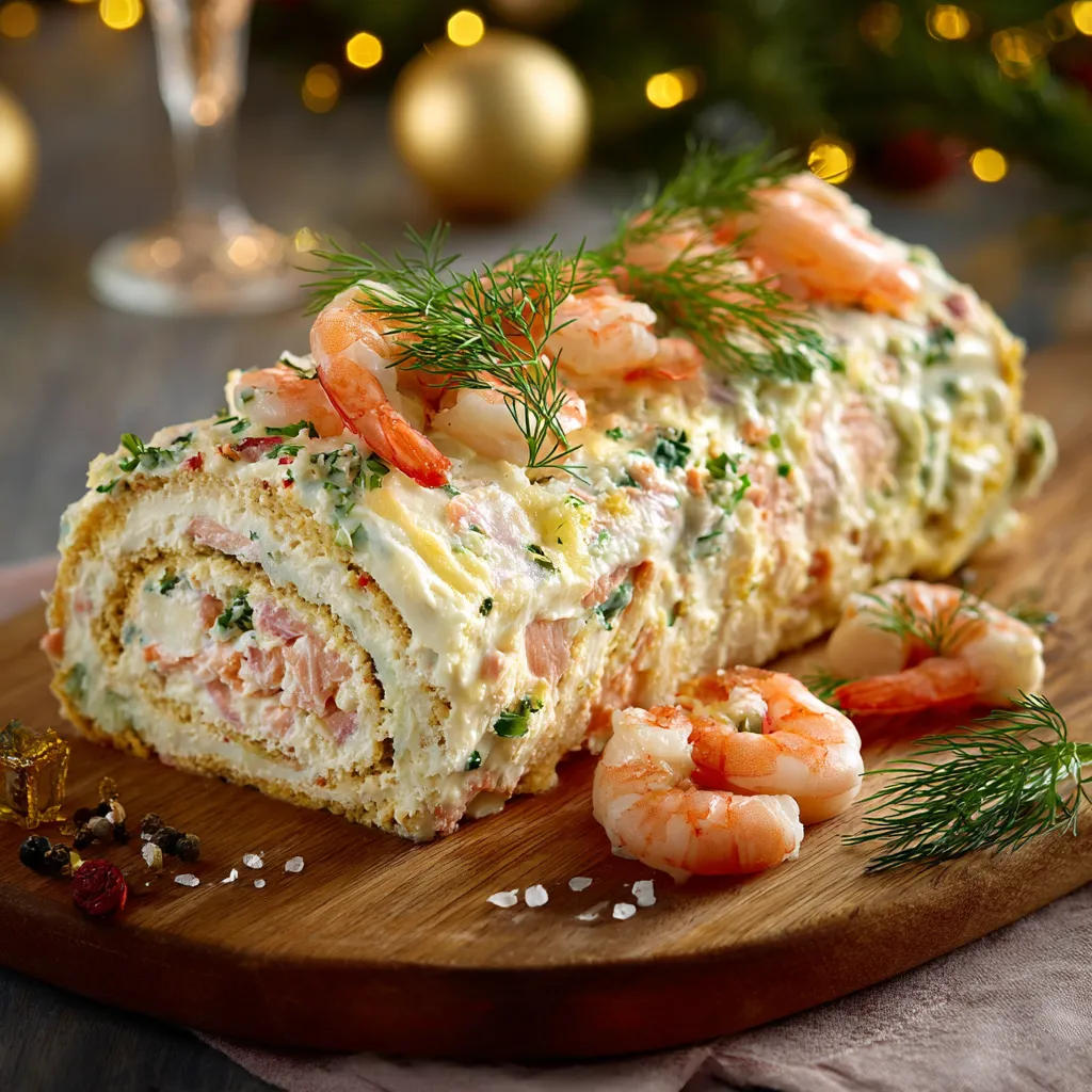 Bûche salée aux saveurs de la mer décorée de gambas et d'herbes fraîches