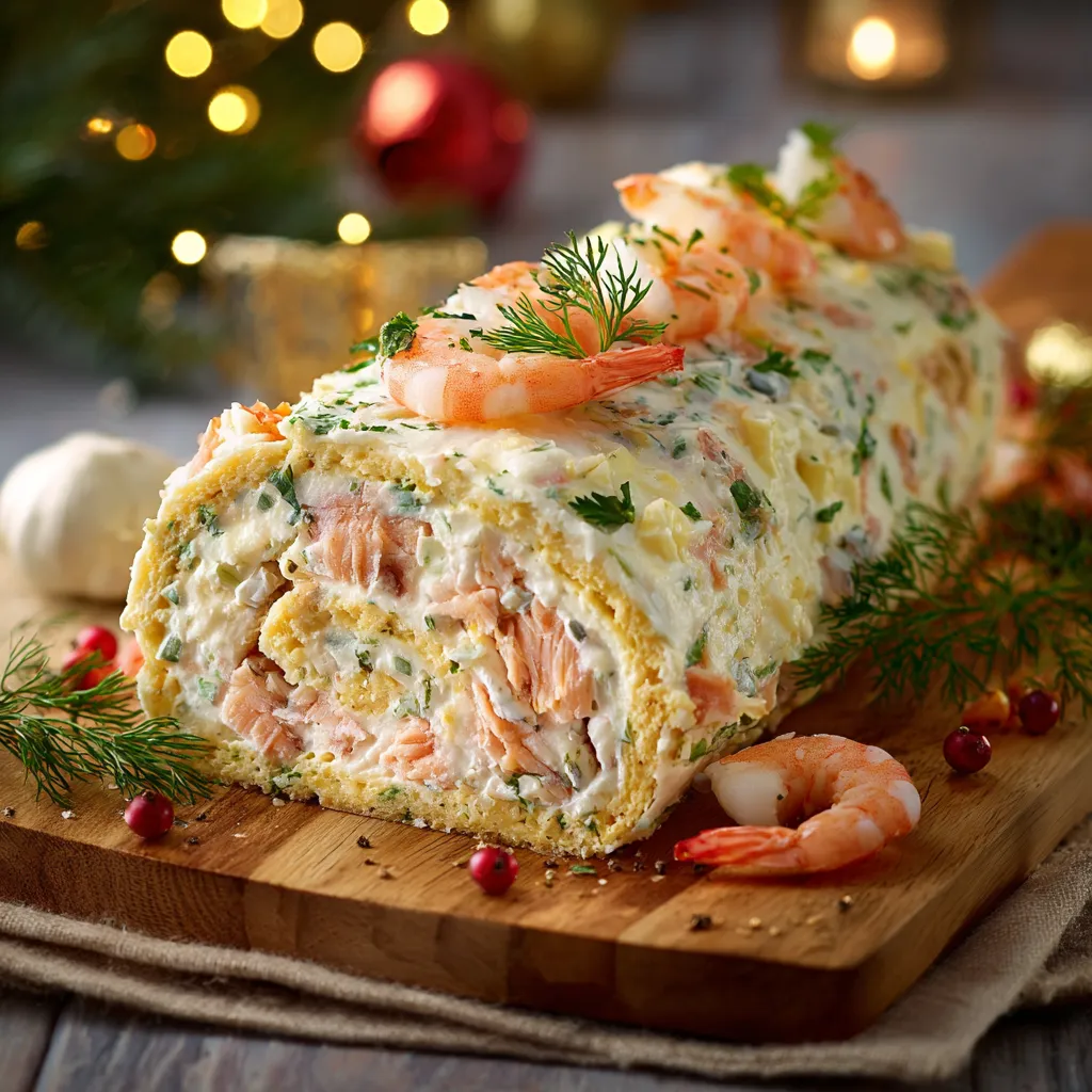Bûche salée aux saveurs de la mer décorée de gambas et d'herbes fraîches