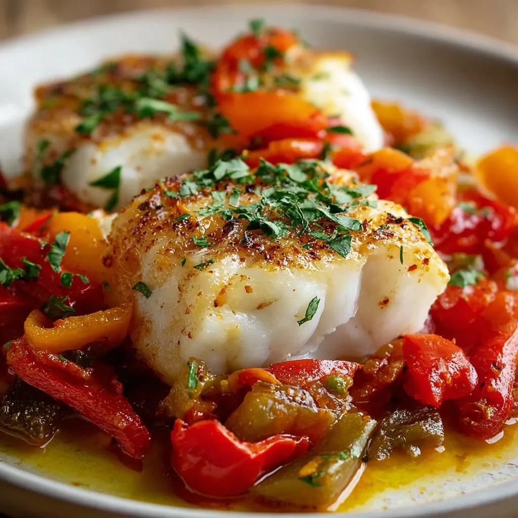 Cabillaud à la basquaise servi dans une assiette avec poivrons et tomates