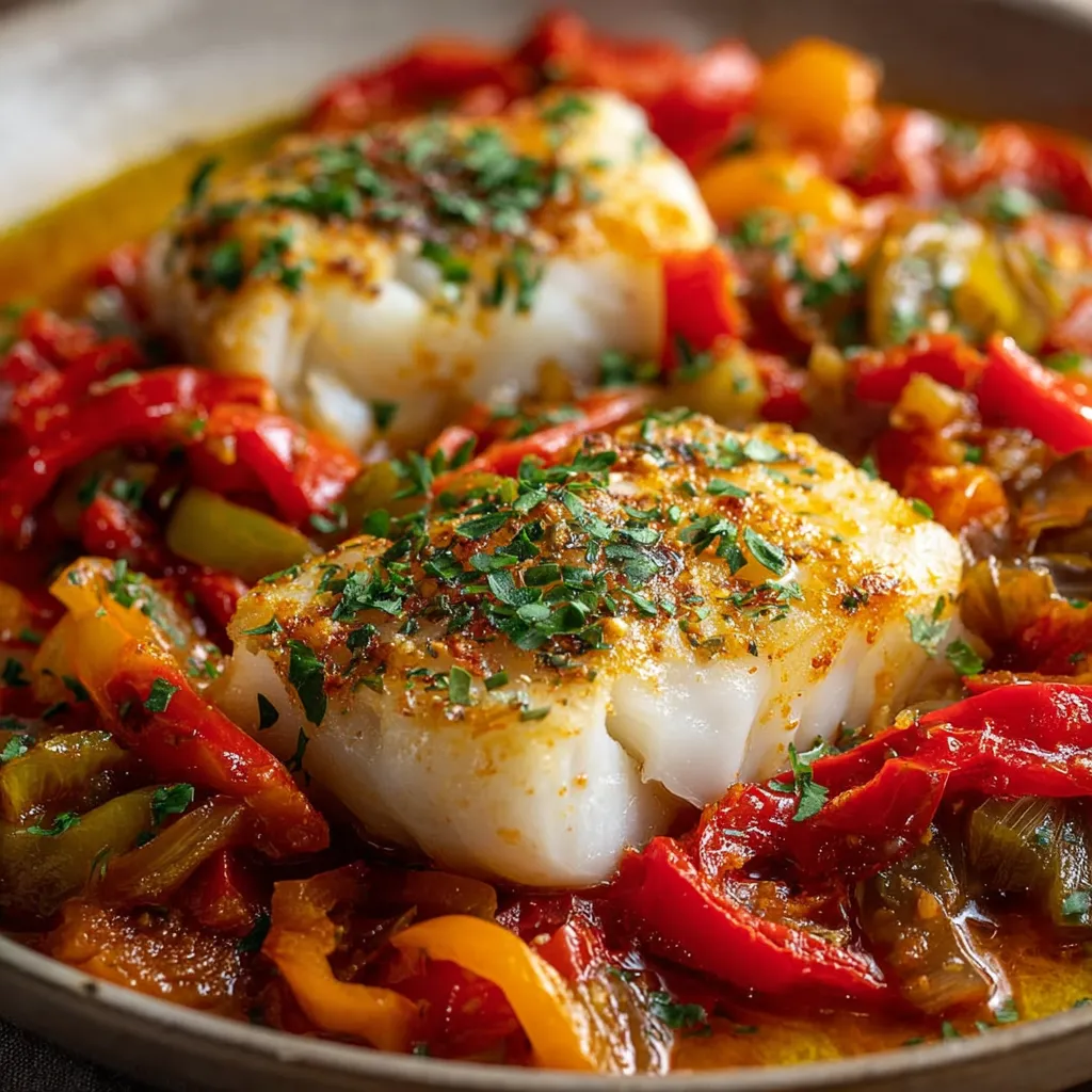 Cabillaud à la basquaise servi dans une assiette avec poivrons et tomates