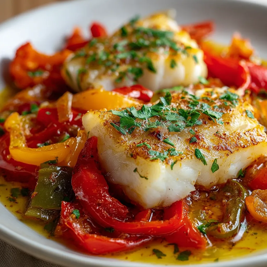 Cabillaud à la basquaise servi dans une assiette avec poivrons et tomates