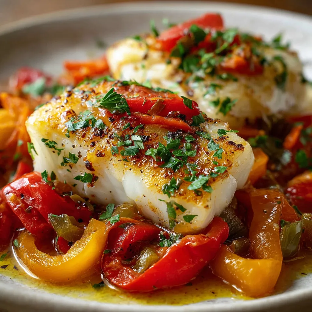 Cabillaud à la basquaise servi dans une assiette avec poivrons et tomates