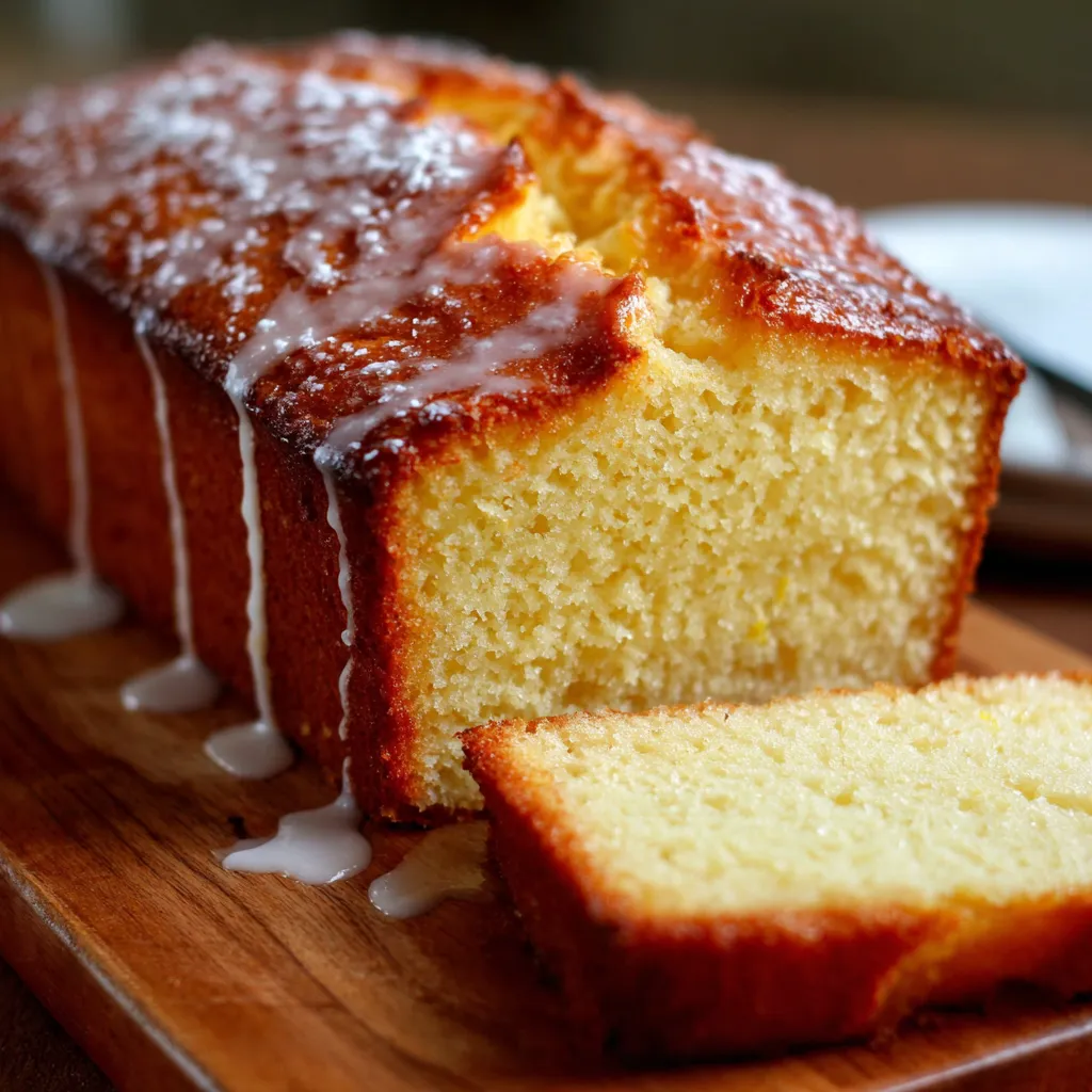 Cake au yaourt ultra moelleux doré et tranché sur une planche en bois