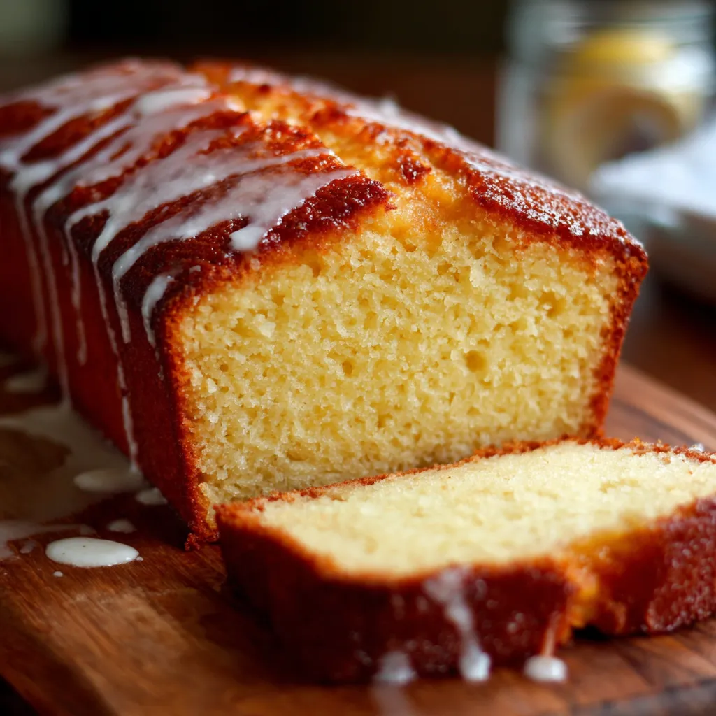 Cake au yaourt ultra moelleux doré et tranché sur une planche en bois