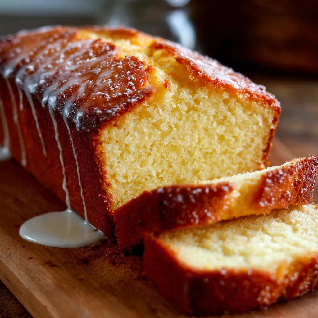 Cake au yaourt ultra moelleux doré et tranché sur une planche en bois