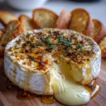 Camembert rôti épicé au miel et thym servi dans sa boîte en bois avec pain grillé