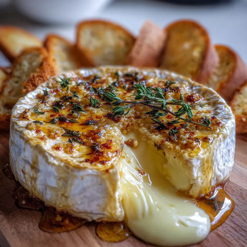Camembert rôti épicé au miel et thym servi dans sa boîte en bois avec pain grillé