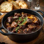 Carbonnade flamande mijotée avec pain d’épices fondant et viande de bœuf tendre dans une cocotte en fonte